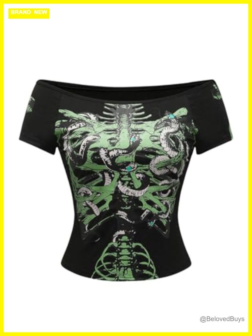 Women's Off Shoulder Graphic Crop Top Y2K Goth Short Sleeve Tee